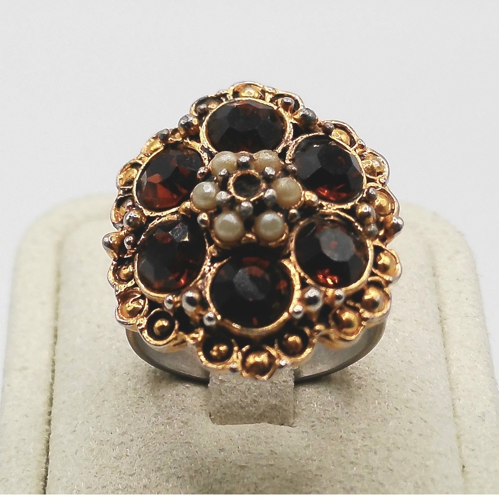 Vintage Dark Red Rhinestone Faux Pearl Floral Cluster Ring Gold Tone 8.25 Adjust